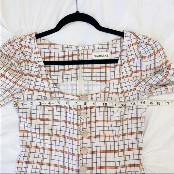 Nicholas Plaid Button Front Puff Sleeve Mini Dress Linen Blend Cream Red Size 2 - Picture 11 of 12